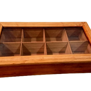 Caja grande alerce porta té tapa vidrio